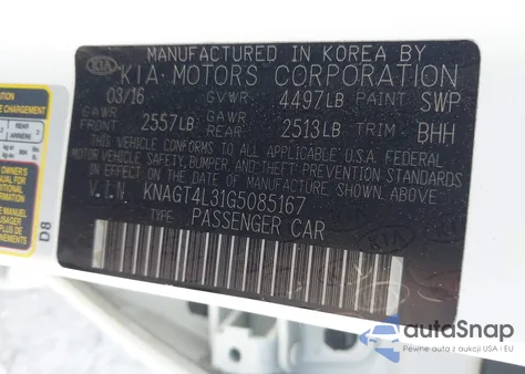 2016 Kia Optima Lx из США, поврежденный, VIN KNAGT4L31G5085167